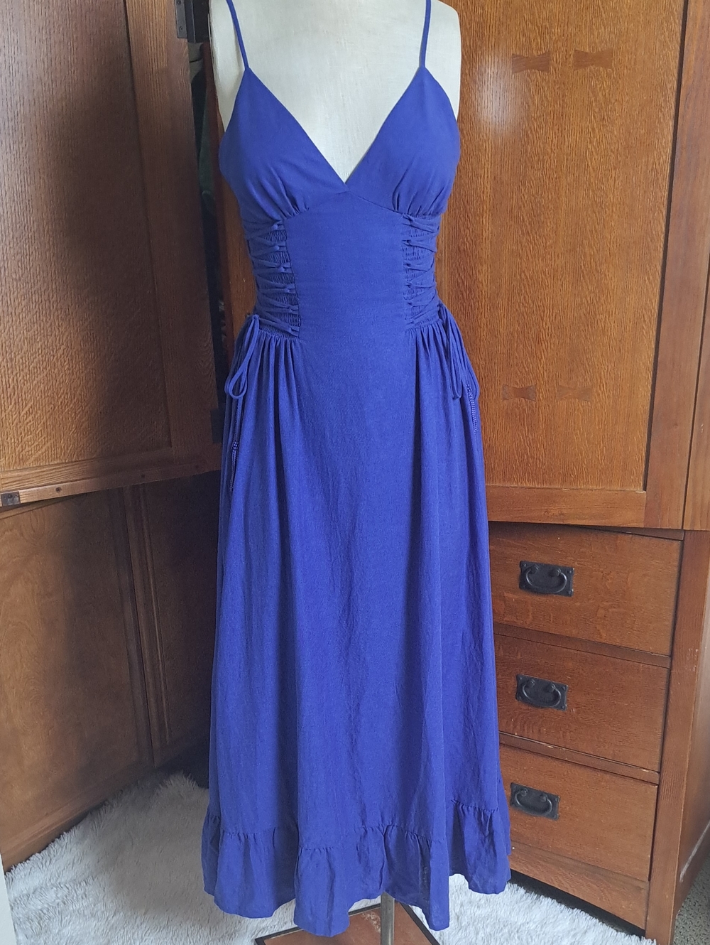 FARM Rio Blue Corset Drawstring Ruched Midi Dress XS
